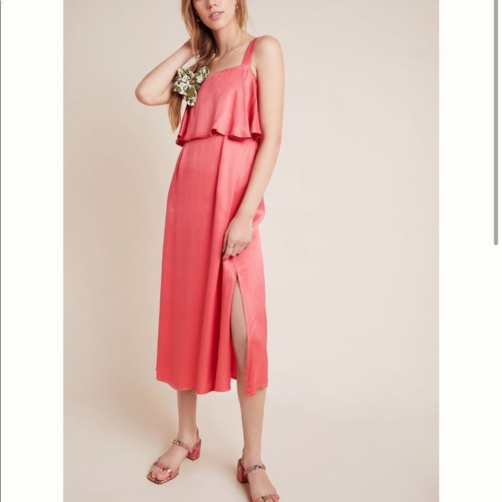 NWT Anthropologie Shelley Coral Orange Pink Satin Ruffle Slit Midi Dress